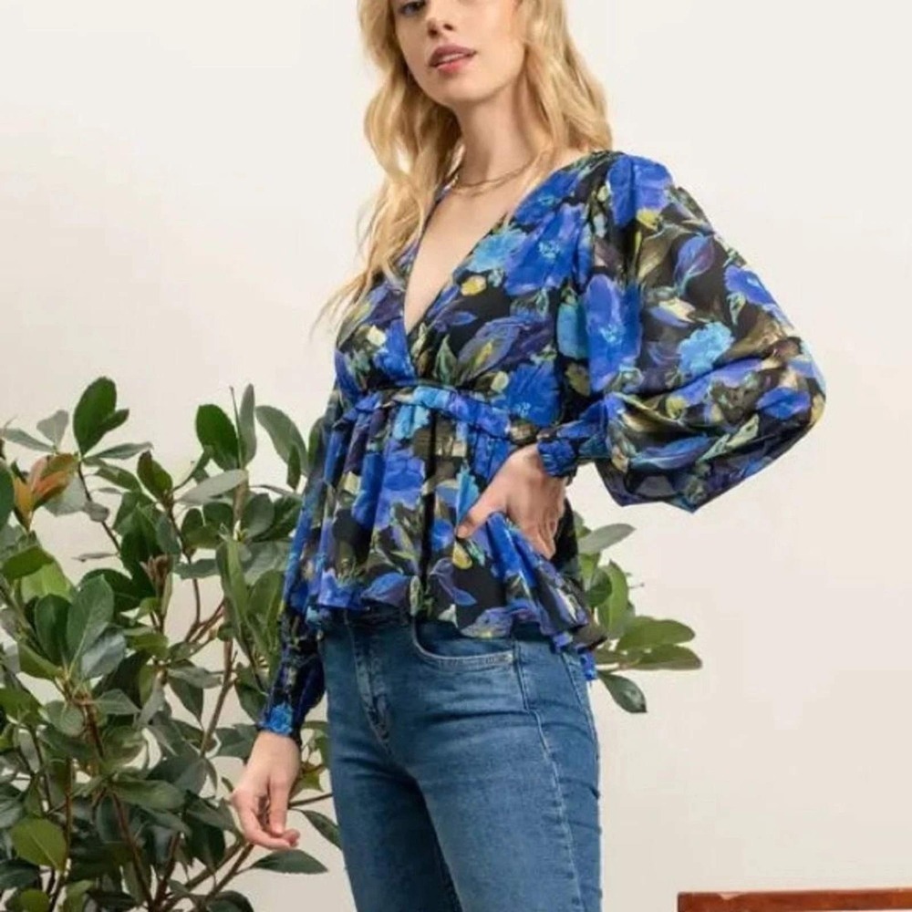 Blu Pepper Floral V-Neck Peplum Blouse Blue Green Black Small B2511100
